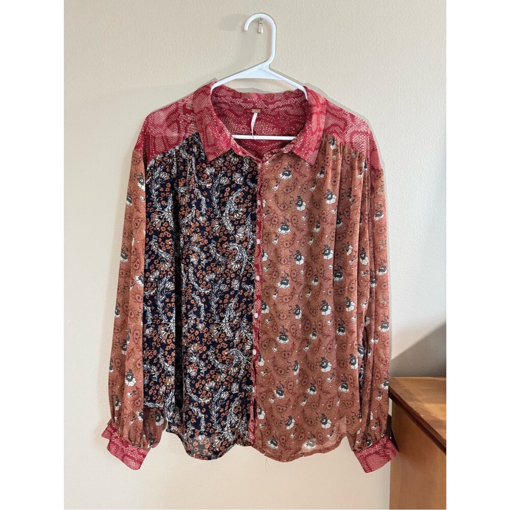 Free People Orange Red Patchwork Button Down Blouse Boho Mixed Print Top Medium